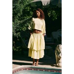 Free People Penny Seersucker Blouse Top & Midi Skirt Pull-On Cotton XL 284197